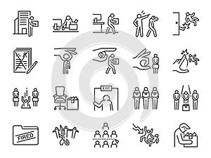 Layoff line icon set. Included icons as employee lay off, job fired, career resign, pay cuts,Â economic crisis and more.